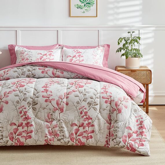Uozzi Bedding Bed in a Bag 7-teiliges Queen-Size-Bettwäsche-Set mit rosa grünen Blättern und Blumendruck, weiche Mikrofaser, wendbar (1 Decke, 2 Kissenbezüge, 1 Bettlaken, Spannbetttuch, Kissenbezüge)