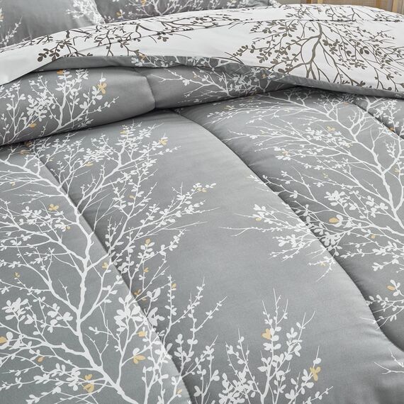 UOZZI BEDDING Bett in a Bag 7-teiliges King-Size-Bettwäsche-Set mit grauen Ästen mit gelben Punkten – weiche Mikrofaser, wendbares Bettdecken-Set (1 Bettdeckenbezug, 1 Spannbettlaken, 2 Kissenbezüge)