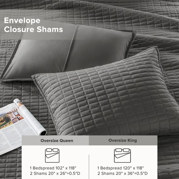 Comfort Spaces King Quilt-Ganzjahres-Bettwäsche, anthrazitgraue Tagesdecke mit doppelseitigen Nähten, weiche Sommerdecke, passende Kissenbezüge, Kienna-Kollektion (304,8 x 299,7 cm), 3-teilig