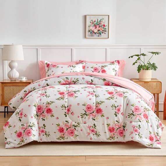 Bettwäsche-Set mit Blumenmuster, Weiß, Bett in einer Tasche, 7-teilig, King-Size-Größe, dunkelrosa, florales Mikrofaser-Bettwäsche-Set (1 Steppdecke, 2 Kissenbezüge, 1 rosa Bettlaken, 1 Spannbetttuch,