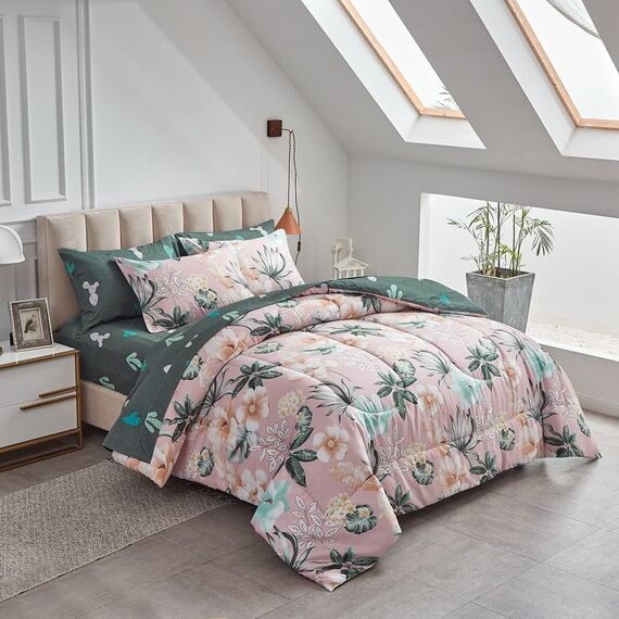 Bettwäsche-Set mit rosa Blumenmuster, 7-teilig, King-Size-Bett, Rosa, Grau, Blumenblätter, Bettwäsche-Set (1 Bettdecke, 2 Kissenbezüge, 1 Bettlaken, 1 Spannbettlaken, 2 Kissenbezüge)