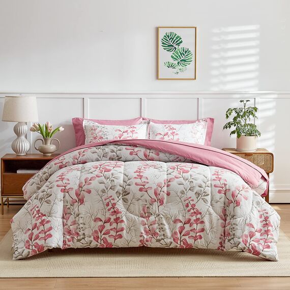 Uozzi Bedding Bed in a Bag 7-teiliges Queen-Size-Bettwäsche-Set mit rosa grünen Blättern und Blumendruck, weiche Mikrofaser, wendbar (1 Decke, 2 Kissenbezüge, 1 Bettlaken, Spannbetttuch, Kissenbezüge)
