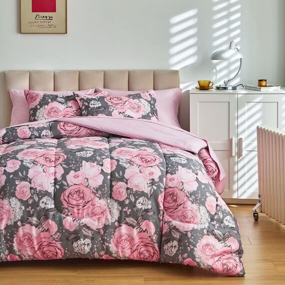 Bettwäsche-Set mit Blumenmuster, graues Bett in einer Tasche, 7-teiliges King-Size-Bettwäsche-Set (1 Bettdecke, 2 Kissenbezüge, 1 rosa Bettlaken, 1 Spannbetttuch, 2 Kissenbezüge)