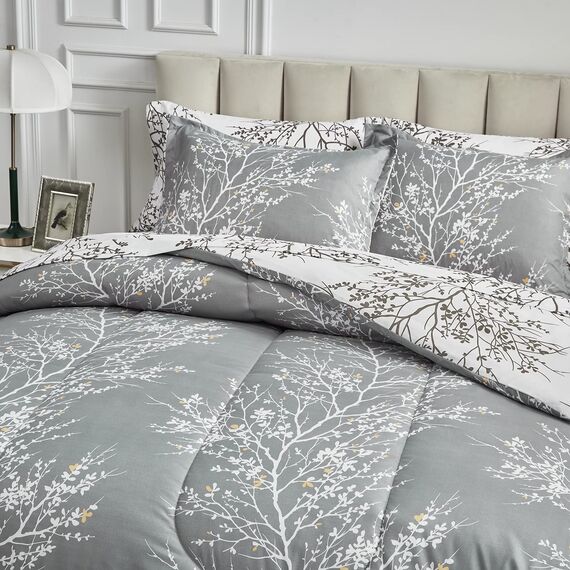 UOZZI BEDDING Bett in a Bag 7-teiliges King-Size-Bettwäsche-Set mit grauen Ästen mit gelben Punkten – weiche Mikrofaser, wendbares Bettdecken-Set (1 Bettdeckenbezug, 1 Spannbettlaken, 2 Kissenbezüge)