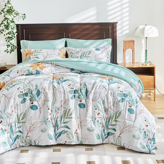 Leaves Comforter Sheet Set White Bed in a Bag 7 Pieces King Size Green Floral Microfiber Reversible Bedding Set (1 Comforter 2 Pillow Shams 1 Flat Sheet 1 Fitted Sheet 2 Pillowcases)