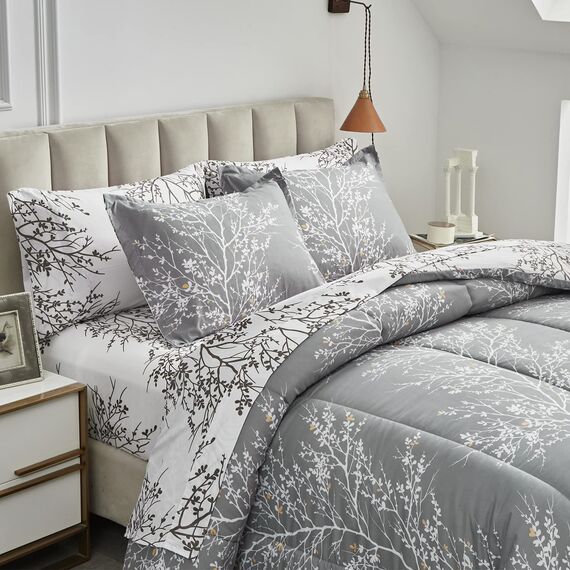 UOZZI BEDDING Bett in a Bag 7-teiliges King-Size-Bettwäsche-Set mit grauen Ästen mit gelben Punkten – weiche Mikrofaser, wendbares Bettdecken-Set (1 Bettdeckenbezug, 1 Spannbettlaken, 2 Kissenbezüge)