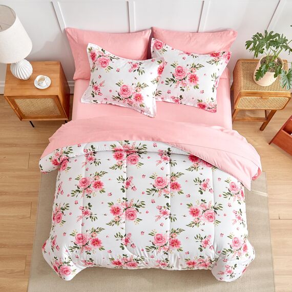 Bettwäsche-Set mit Blumenmuster, Weiß, Bett in einer Tasche, 7-teilig, King-Size-Größe, dunkelrosa, florales Mikrofaser-Bettwäsche-Set (1 Steppdecke, 2 Kissenbezüge, 1 rosa Bettlaken, 1 Spannbetttuch,