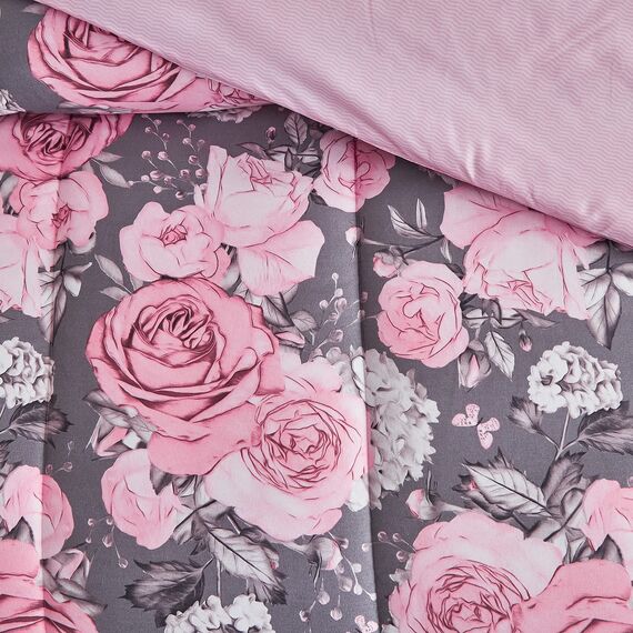 Bettwäsche-Set mit Blumenmuster, graues Bett in einer Tasche, 7-teilig, Queen-Size-Größe, Rosa, Weiß, Blumenmuster, Mikrofaser, wendbares Bettwäsche-Set (1 Steppdecke, 2 Kissenbezüge, 1 rosa Bettlaken