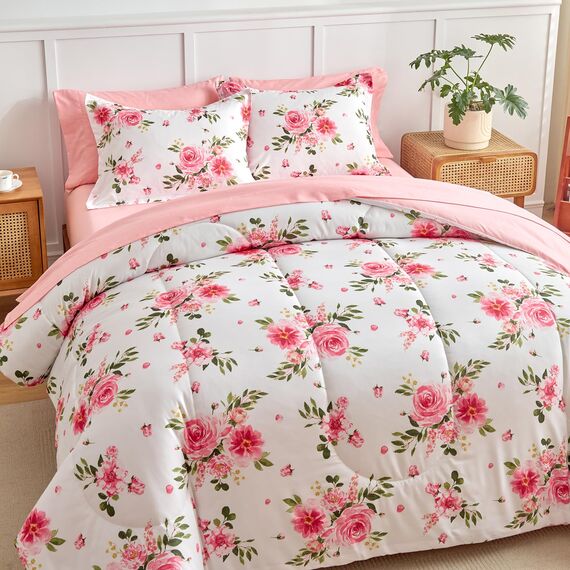 Bettwäsche-Set mit Blumenmuster, Weiß, Bett in einer Tasche, 7-teilig, King-Size-Größe, dunkelrosa, florales Mikrofaser-Bettwäsche-Set (1 Steppdecke, 2 Kissenbezüge, 1 rosa Bettlaken, 1 Spannbetttuch,