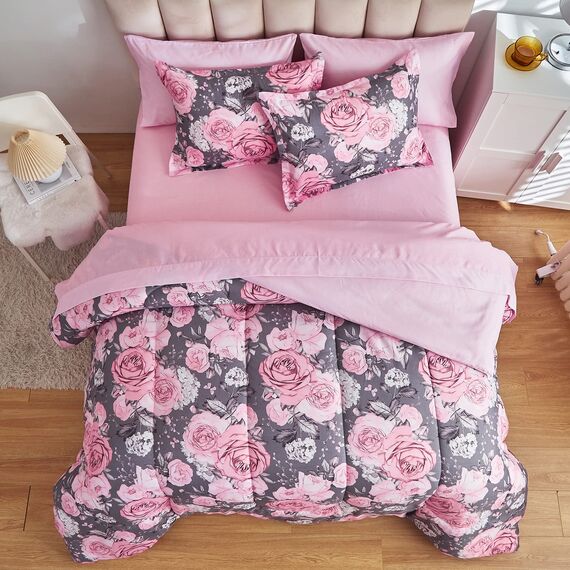 Bettwäsche-Set mit Blumenmuster, graues Bett in einer Tasche, 6-teilig, Doppelbettgröße, rosa, weiß, florales Mikrofaser, wendbar, Bettwäsche-Set (1 Bettdecke, 1 Spannbetttuch, 1 Kissenbezug)