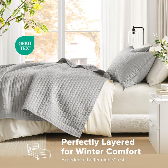 Comfort Spaces Kienna Steppdecken-Set, doppelseitige Nähte, Sommerdecke, leicht, weich, für alle Jahreszeiten, passender Kissenbezug, grau, Decke für Doppelbett (228,6 x 228,6 cm), 3-teilig
