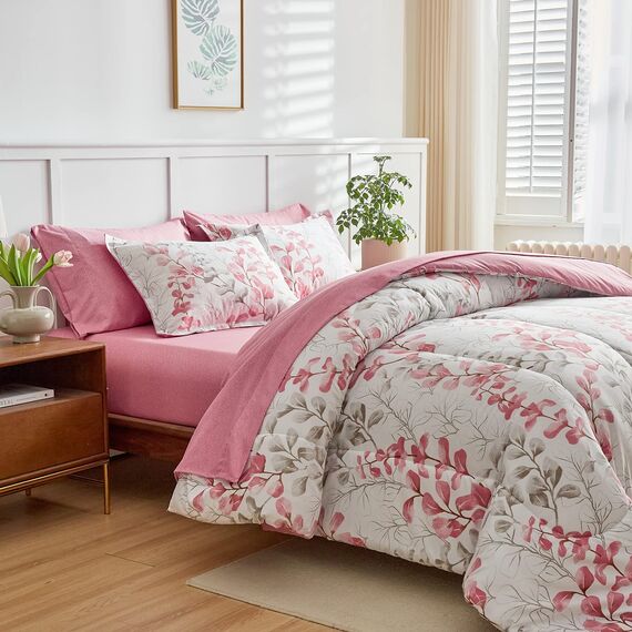 Uozzi Bedding Bed in a Bag 7-teiliges Queen-Size-Bettwäsche-Set mit rosa grünen Blättern und Blumendruck, weiche Mikrofaser, wendbar (1 Decke, 2 Kissenbezüge, 1 Bettlaken, Spannbetttuch, Kissenbezüge)