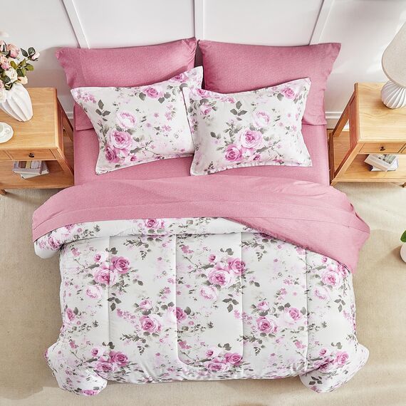 Bettwäsche-Set mit weißen Farbverlauf, rosa Blumen, 7-teiliges Bettwäsche-Set für Queen-Size-Betten (1 Steppdecke, 2 Kissenbezüge, 1 Bettlaken, 1 Spannbetttuch, 2 Kissenbezüge)
