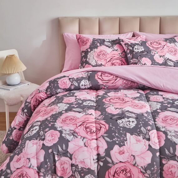 Bettwäsche-Set mit Blumenmuster, graues Bett in einer Tasche, 6-teilig, Doppelbettgröße, rosa, weiß, florales Mikrofaser, wendbar, Bettwäsche-Set (1 Bettdecke, 1 Spannbetttuch, 1 Kissenbezug)