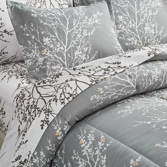 UOZZI BEDDING Bett in a Bag 7-teiliges King-Size-Bettwäsche-Set mit grauen Ästen mit gelben Punkten – weiche Mikrofaser, wendbares Bettdecken-Set (1 Bettdeckenbezug, 1 Spannbettlaken, 2 Kissenbezüge)