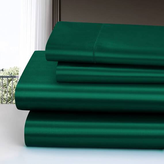 Homiest 4-teiliges Satin-Bettwäsche-Set, luxuriöses, seidiges Satin-Bettwäsche-Set mit tiefer Tasche, 1 Spannbetttuch + 1 Bettlaken + 2 Kissenbezüge (King-Size, schwarzgrün)