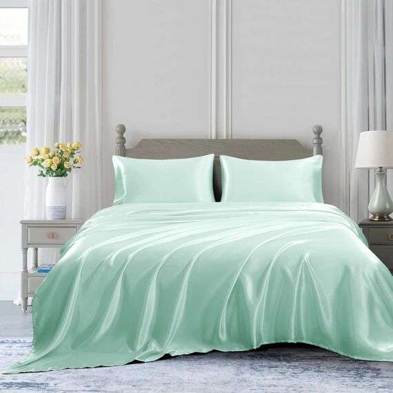 Homiest 4-teiliges Satin-Bettwäsche-Set, luxuriöses, seidiges Satin-Bettwäsche-Set mit tiefer Tasche, 1 Spannbetttuch + 1 Bettlaken + 2 Kissenbezüge (King-Size, Mintgrün)