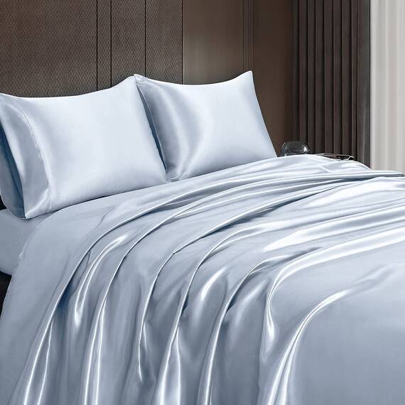 Homiest 4-teiliges Satin-Bettwäsche-Set mit tiefer Tasche, 1 Spannbetttuch + 1 Bettlaken + 2 Kissenbezüge (Queen-Size-Größe, Babyblau)
