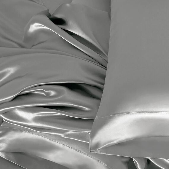 Homiest 4-teiliges Satin-Bettwäsche-Set, luxuriöses, seidiges Satin-Bettwäsche-Set mit tiefer Tasche, 1 Spannbetttuch + 1 Bettlaken + 2 Kissenbezüge (King-Size, hellgrau)