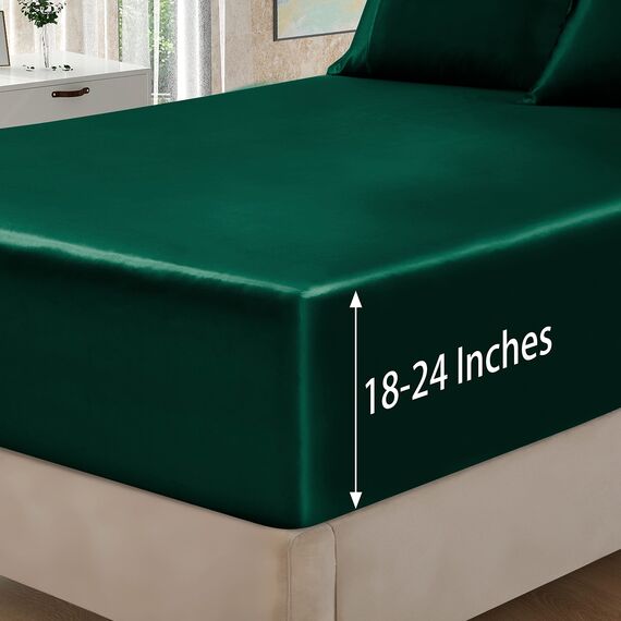 Homiest 4-teiliges extra tiefes Satin-Bettwäsche-Set, Queen-Size-Bettlaken, 45.7,61 cm tiefe Taschen-Bettlaken, schwarzgrün, weiches Spannbetttuch, passend für ultratiefe Matratzen