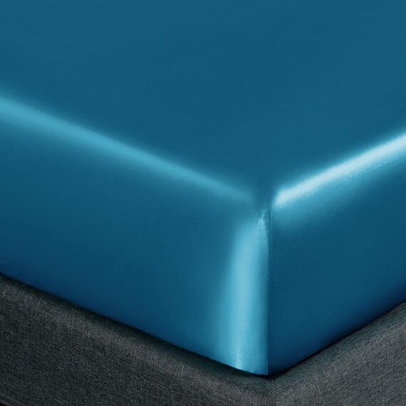 Homiest 4-teiliges Satin-Bettwäsche-Set, luxuriöses, seidiges Satin-Bettwäsche-Set mit tiefer Tasche, 1 Spannbetttuch + 1 Bettlaken + 2 Kissenbezüge (King-Size, Seeblau)