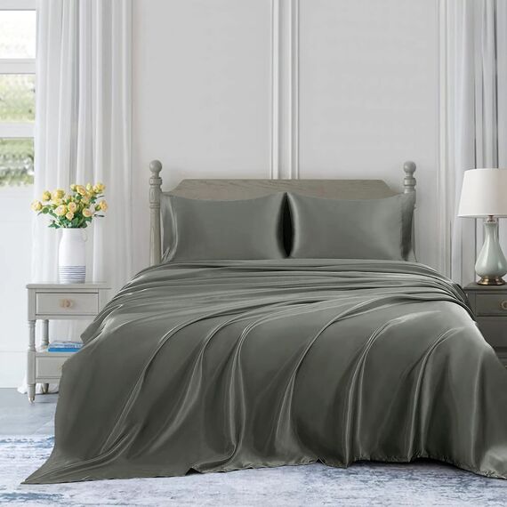 Homiest 4-teiliges Satin-Bettwäsche-Set, luxuriöses, seidiges Satin-Bettwäsche-Set mit tiefer Tasche, 1 Spannbetttuch + 1 Bettlaken + 2 Kissenbezüge (Queen-Size, dunkelgrau)