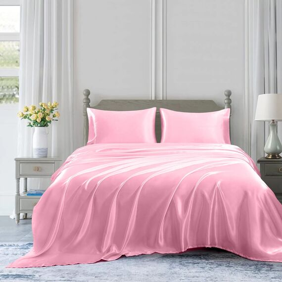 Homiest 4-teiliges Satin-Bettwäsche-Set, luxuriöses, seidiges Satin-Bettwäsche-Set mit tiefer Tasche, 1 Spannbetttuch + 1 Bettlaken + 2 Kissenbezüge (King-Size, Rosa)