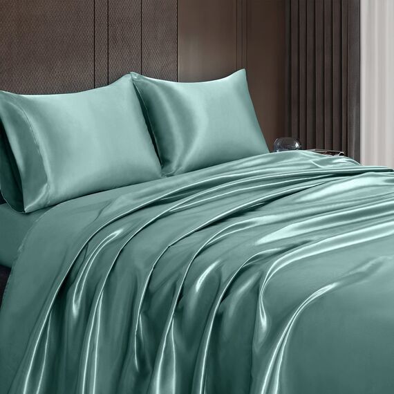 Homiest 3-teiliges Satin-Bettwäsche-Set, luxuriöses, seidiges Satin-Bettwäsche-Set mit tiefer Tasche, 1 Spannbetttuch + 1 Bettlaken + 1 Kissenbezug (Twin XL-Größe, graugrün)