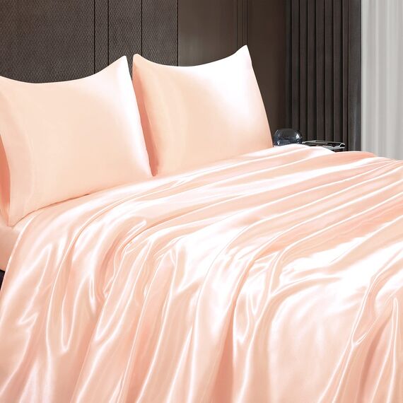 Homiest 4-teiliges Satin-Bettwäsche-Set, luxuriöses, seidiges Satin-Bettwäsche-Set mit tiefer Tasche, 1 Spannbetttuch + 1 Bettlaken + 2 Kissenbezüge (King-Size, Champagner)
