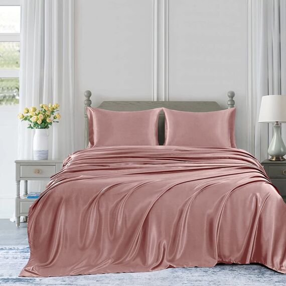 Homiest 4-teiliges Satin-Bettwäsche-Set, luxuriöses, seidiges Satin-Bettwäsche-Set mit tiefer Tasche, 1 Spannbetttuch + 1 Bettlaken + 2 Kissenbezüge (King-Size, sattes Pink)