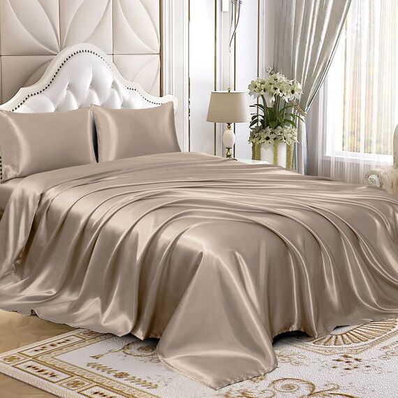 Homiest 4-teiliges Satin-Bettwäsche-Set, luxuriöses, seidiges Satin-Bettwäsche-Set mit tiefer Tasche, 1 Spannbetttuch + 1 Bettlaken + 2 Kissenbezüge (King-Size, Taupe)