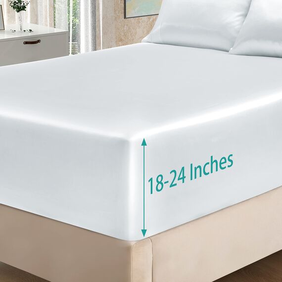 Homiest 4-teiliges extra tiefes Satin-Bettwäsche-Set, Queen-Size-Bettlaken, 45.7,61 cm tiefe Taschen, weißes Satin-Bettlaken-Set, luxuriöses Spannbetttuch-Set, passend für ultratiefe Matratzen