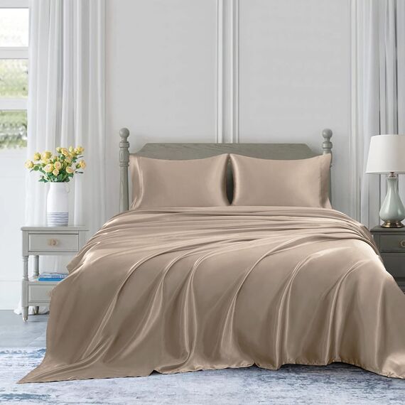Homiest 4-teiliges Satin-Bettwäsche-Set, luxuriöses, seidiges Satin-Bettwäsche-Set mit tiefer Tasche, 1 Spannbetttuch + 1 Bettlaken + 2 Kissenbezüge (King-Size, Taupe)