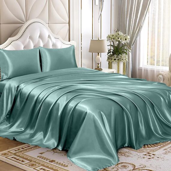 Homiest 3-teiliges Satin-Bettwäsche-Set, luxuriöses, seidiges Satin-Bettwäsche-Set mit tiefer Tasche, 1 Spannbetttuch + 1 Bettlaken + 1 Kissenbezug (Twin XL-Größe, graugrün)
