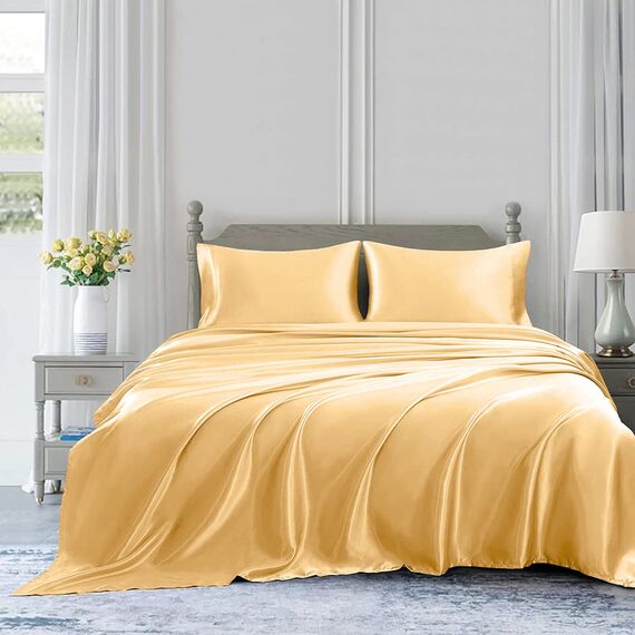 Homiest 4-teiliges Satin-Bettwäsche-Set, luxuriöses, seidiges Satin-Bettwäsche-Set mit tiefer Tasche, 1 Spannbetttuch + 1 Bettlaken + 2 Kissenbezüge (King-Size, Gold)