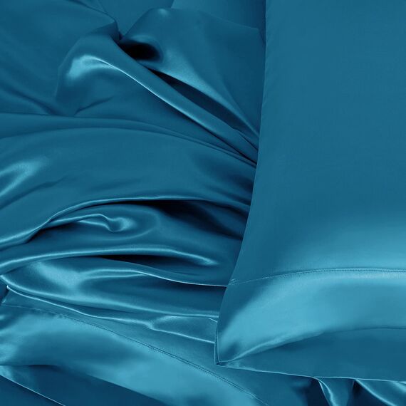 Homiest 4-teiliges Satin-Bettwäsche-Set, luxuriöses, seidiges Satin-Bettwäsche-Set mit tiefer Tasche, 1 Spannbetttuch + 1 Bettlaken + 2 Kissenbezüge (King-Size, Seeblau)