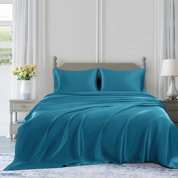 Homiest 4-teiliges Satin-Bettwäsche-Set, luxuriöses, seidiges Satin-Bettwäsche-Set mit tiefer Tasche, 1 Spannbetttuch + 1 Bettlaken + 2 Kissenbezüge (King-Size, Seeblau)