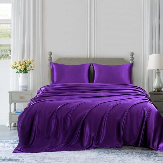 Homiest 4-teiliges Satin-Bettwäsche-Set, luxuriöses, seidiges Satin-Bettwäsche-Set mit tiefer Tasche, 1 Spannbetttuch + 1 Bettlaken + 2 Kissenbezüge (Queen-Size-Größe, lila)