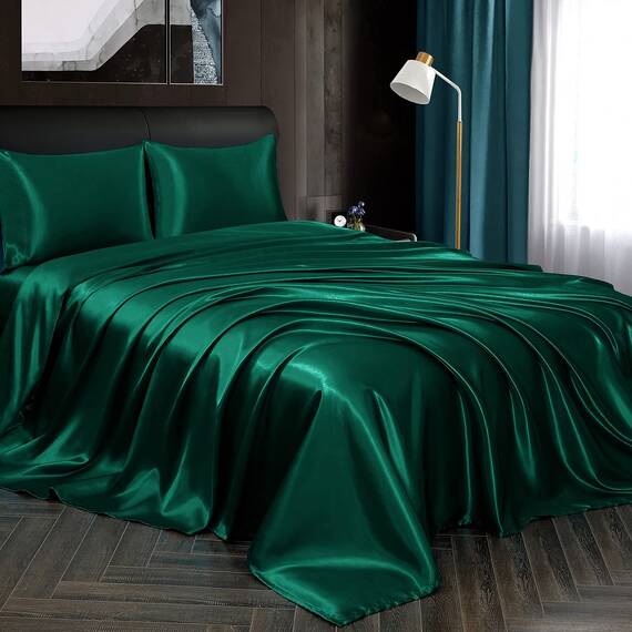 Homiest 4-teiliges Satin-Bettwäsche-Set, luxuriöses, seidiges Satin-Bettwäsche-Set mit tiefer Tasche, 1 Spannbetttuch + 1 Bettlaken + 2 Kissenbezüge (King-Size, schwarzgrün)