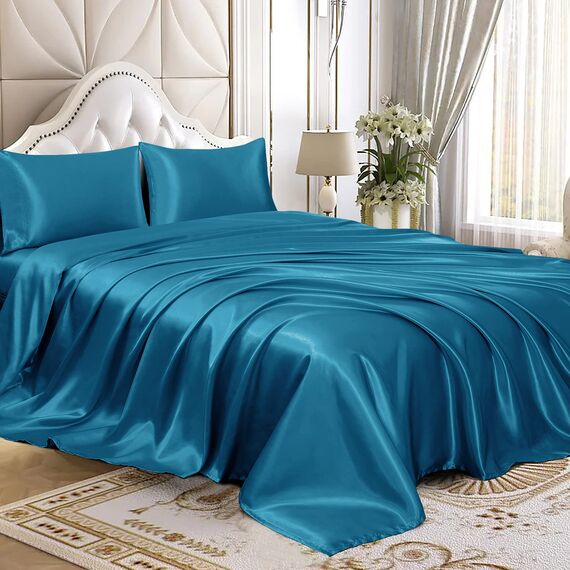 Homiest 4-teiliges Satin-Bettwäsche-Set, luxuriöses, seidiges Satin-Bettwäsche-Set mit tiefer Tasche, 1 Spannbetttuch + 1 Bettlaken + 2 Kissenbezüge (King-Size, Seeblau)