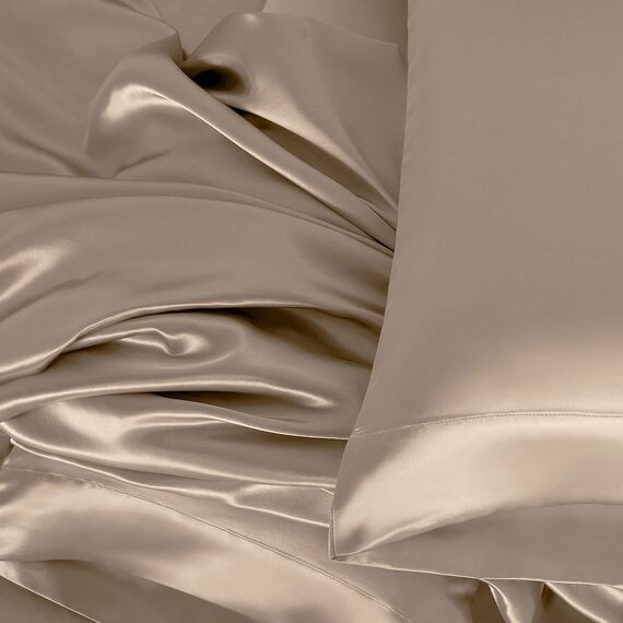Homiest 4-teiliges Satin-Bettwäsche-Set, luxuriöses, seidiges Satin-Bettwäsche-Set mit tiefer Tasche, 1 Spannbetttuch + 1 Bettlaken + 2 Kissenbezüge (King-Size, Taupe)