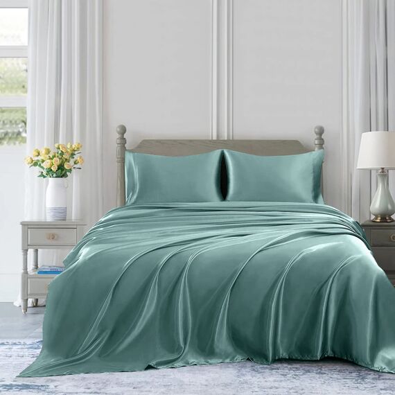 Homiest 3-teiliges Satin-Bettwäsche-Set, luxuriöses, seidiges Satin-Bettwäsche-Set mit tiefer Tasche, 1 Spannbetttuch + 1 Bettlaken + 1 Kissenbezug (Twin XL-Größe, graugrün)