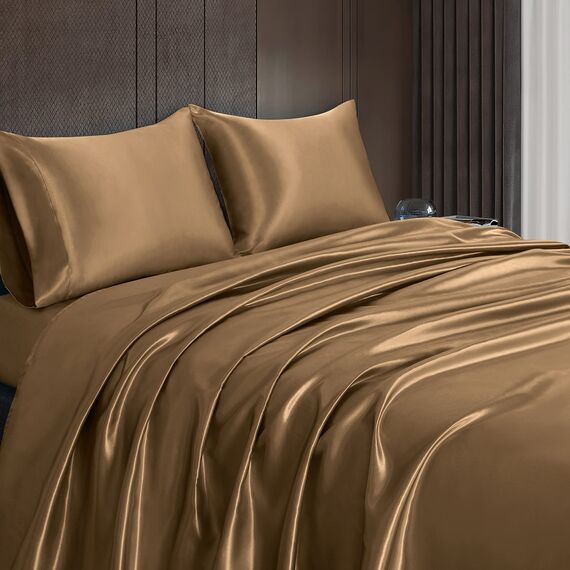 Homiest 4-teiliges Satin-Bettwäsche-Set, luxuriöses, seidiges Satin-Bettwäsche-Set mit tiefer Tasche, 1 Spannbetttuch + 1 Bettlaken + 2 Kissenbezüge (Queen-Size-Größe, Kamelbraun)