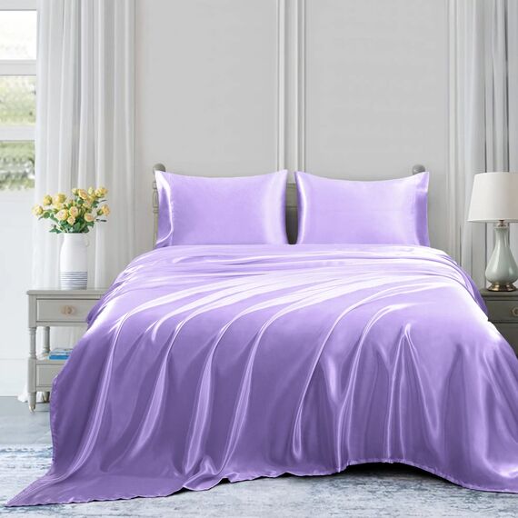 Homiest 4-teiliges Satin-Bettwäsche-Set, luxuriöses, seidiges Satin-Bettwäsche-Set mit tiefer Tasche, 1 Spannbetttuch + 1 Bettlaken + 2 Kissenbezüge (King-Size, Lavendel)