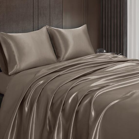 Homiest 4-teiliges Satin-Bettwäsche-Set, luxuriöses, seidiges Satin-Bettwäsche-Set mit tiefer Tasche, 1 Spannbetttuch + 1 Bettlaken + 2 Kissenbezüge (King-Size, Alufolienbraun)