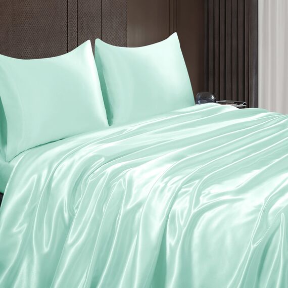 Homiest 4-teiliges Satin-Bettwäsche-Set, luxuriöses, seidiges Satin-Bettwäsche-Set mit tiefer Tasche, 1 Spannbetttuch + 1 Bettlaken + 2 Kissenbezüge (King-Size, Mintgrün)