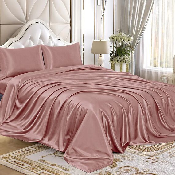 Homiest 4-teiliges Satin-Bettwäsche-Set, luxuriöses, seidiges Satin-Bettwäsche-Set mit tiefer Tasche, 1 Spannbetttuch + 1 Bettlaken + 2 Kissenbezüge (King-Size, sattes Pink)