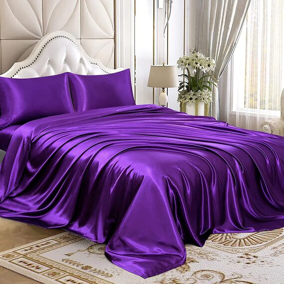 Homiest 4-teiliges RV-Satin-Bettwäsche-Set für Queen-Size-Betten, luxuriöses seidiges Satin-Bettwäsche-Set mit 25.4 cm tiefer Tasche, Camper-Queen-Bettlaken, kurze Queen, lila)