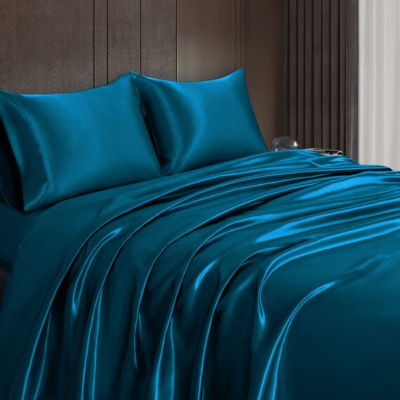 Homiest 4-teiliges Satin-Bettwäsche-Set, luxuriöses, seidiges Satin-Bettwäsche-Set mit tiefer Tasche, 1 Spannbetttuch + 1 Bettlaken + 2 Kissenbezüge (Queen-Size, dunkles Blaugrün)