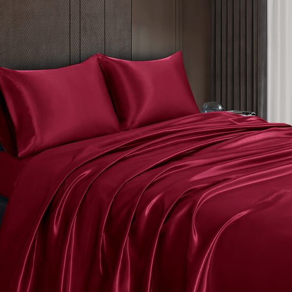 Homiest 4-teiliges Satin-Bettwäsche-Set, luxuriöses, seidiges Satin-Bettwäsche-Set mit tiefer Tasche, 1 Spannbetttuch + 1 Bettlaken + 2 Kissenbezüge (King-Size, Burgunderrot)